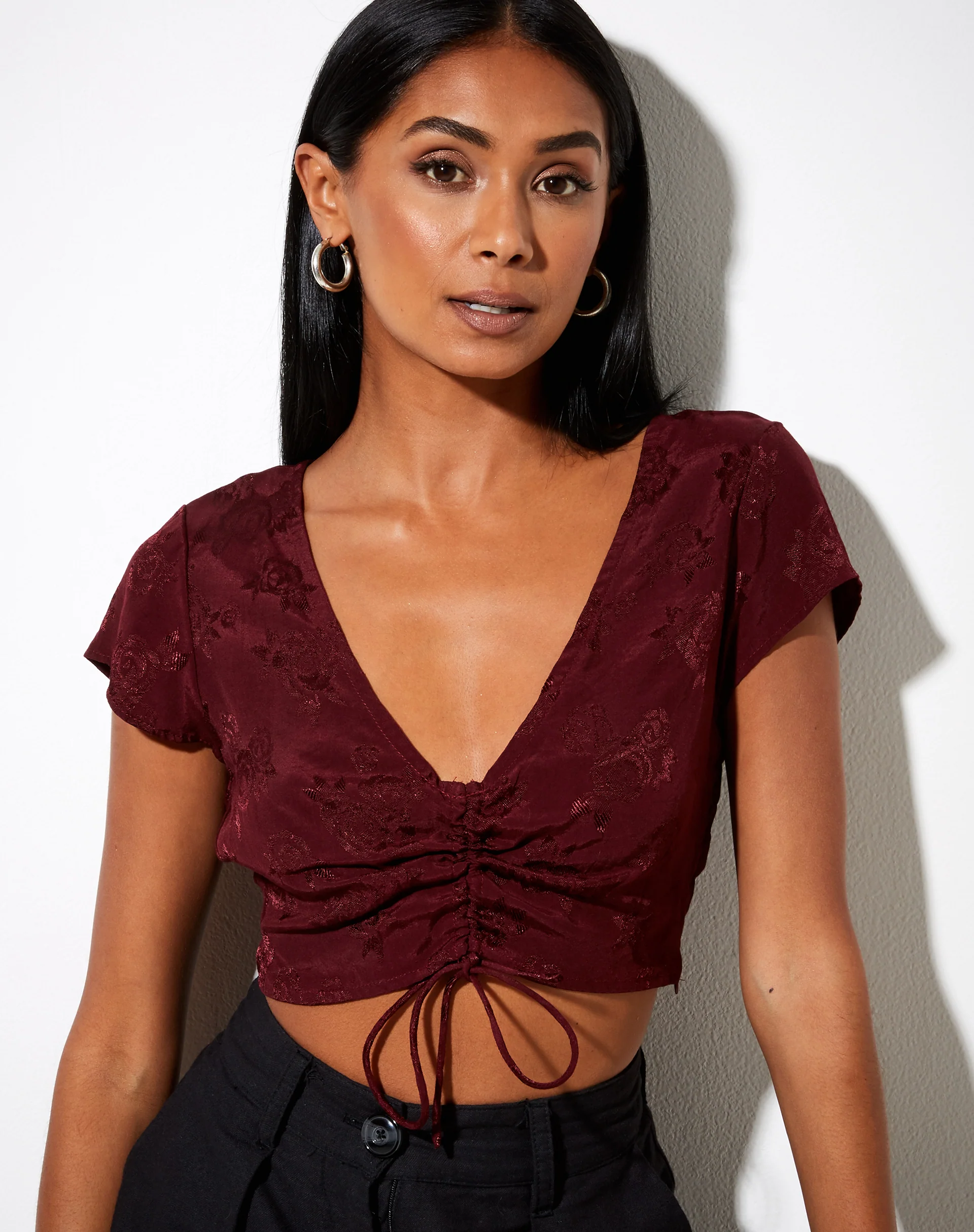 Raeto Crop Top in Satin Rose Burgundy - Image 2