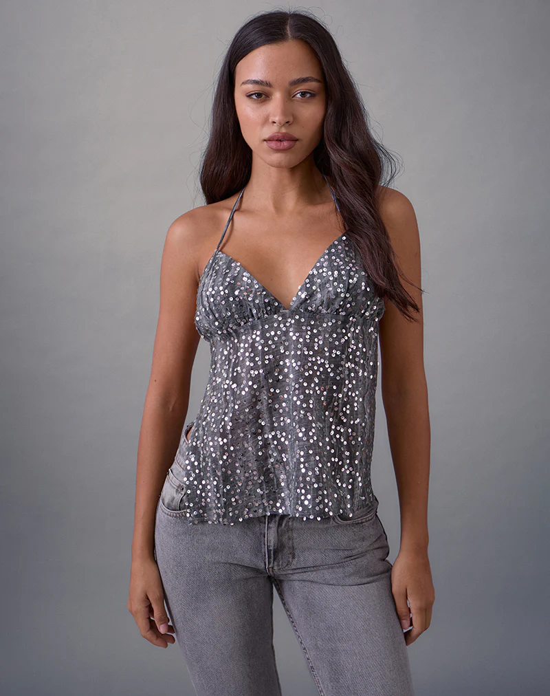 Rafina Halter Top in Chiffon Sequin Grey - Image 2