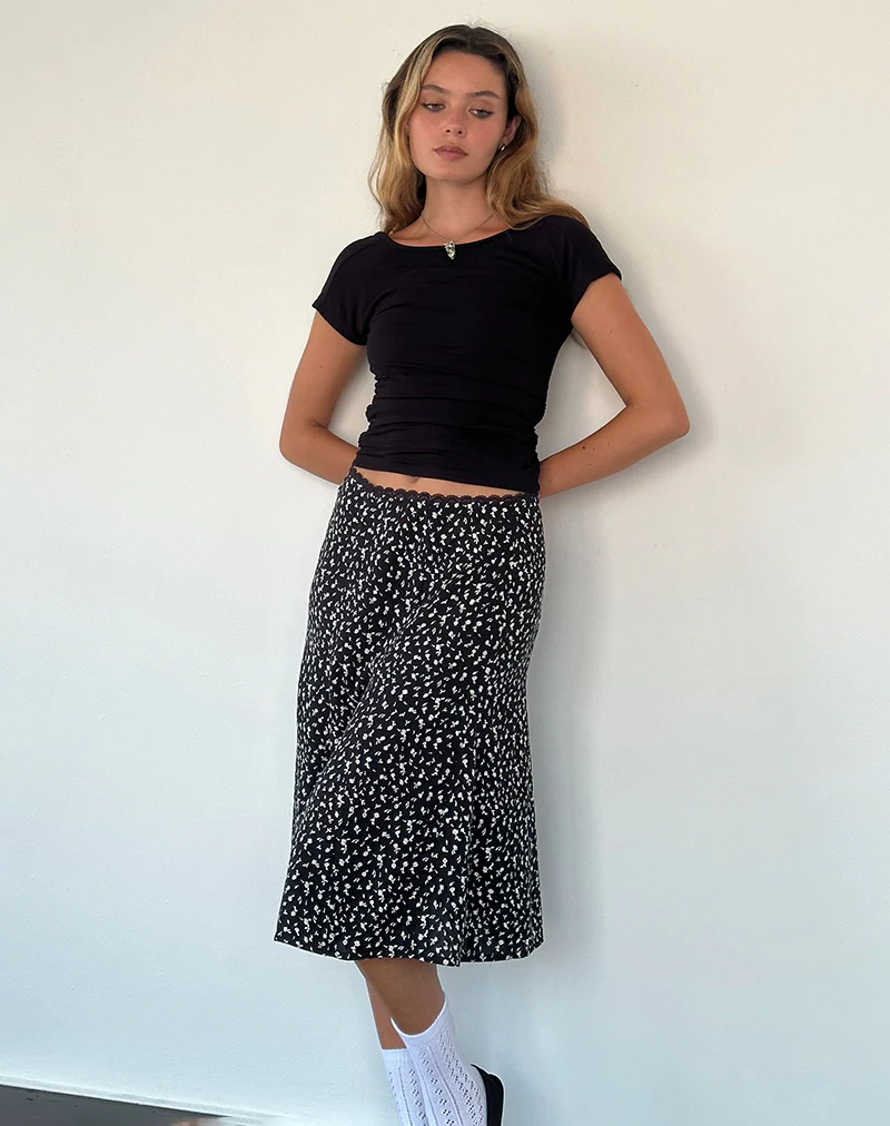 Rahyu Midi Skirt in Black Ditsy Romance - Image 3