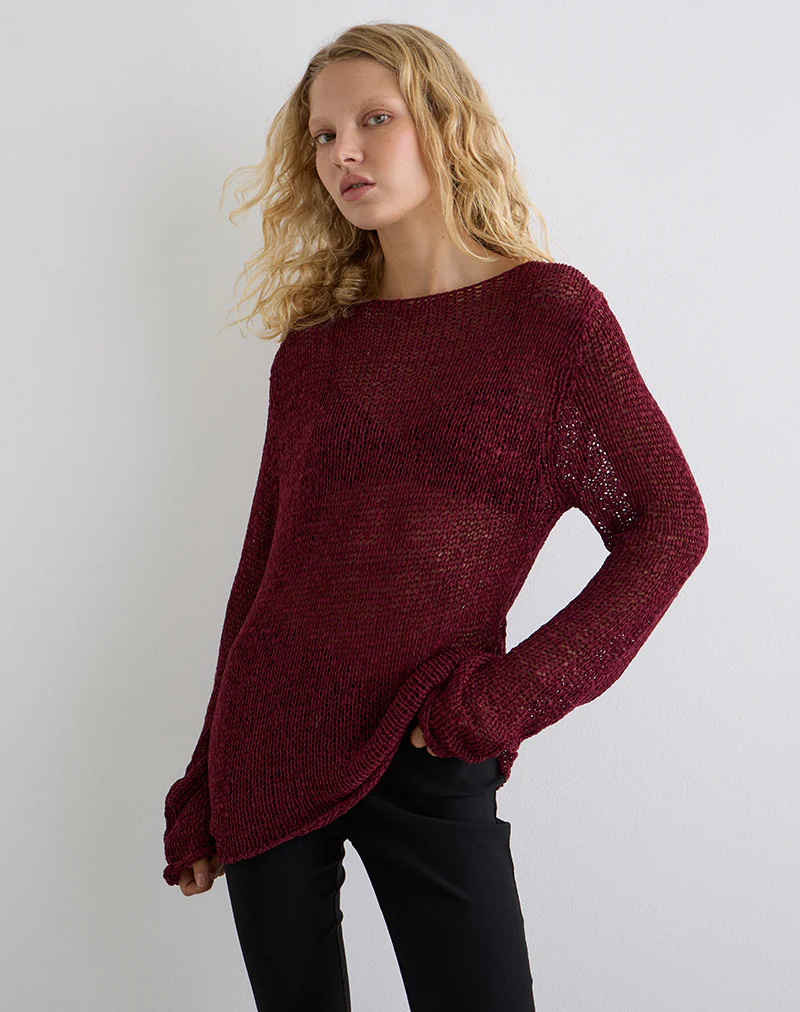 Rajiya Open Weave Jumper in Burgundy - Image 3