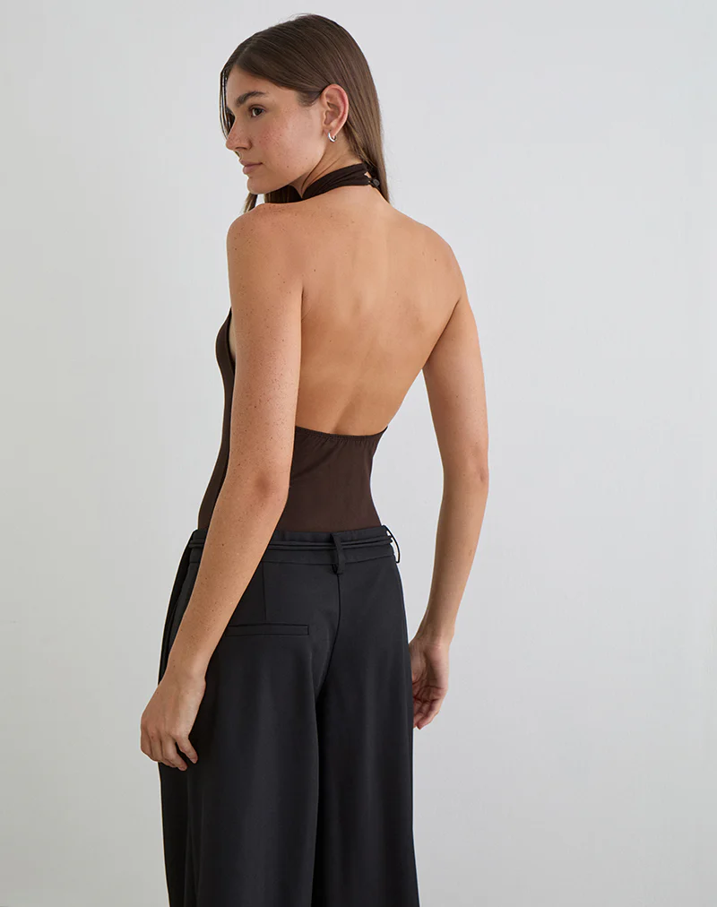 Raleah Halterneck Bodysuit in Jersey Bitter Chocolate - Image 4