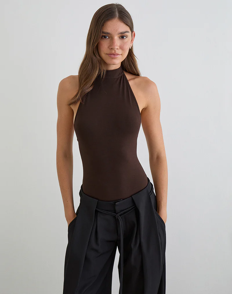 Raleah Halterneck Bodysuit in Jersey Bitter Chocolate - Image 5