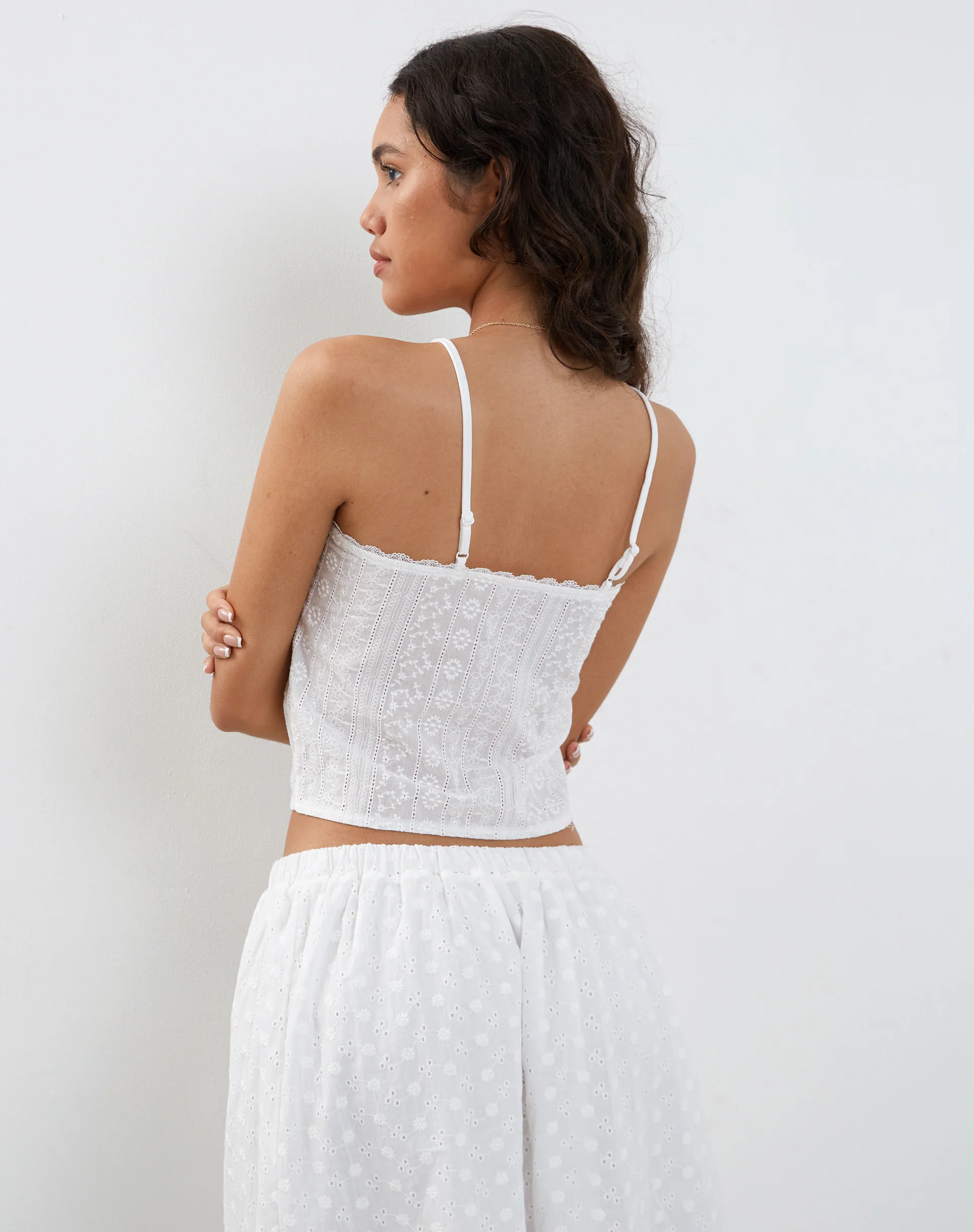 Ramika Tie Front Embroidered Cami Top in White Broderie - Image 5