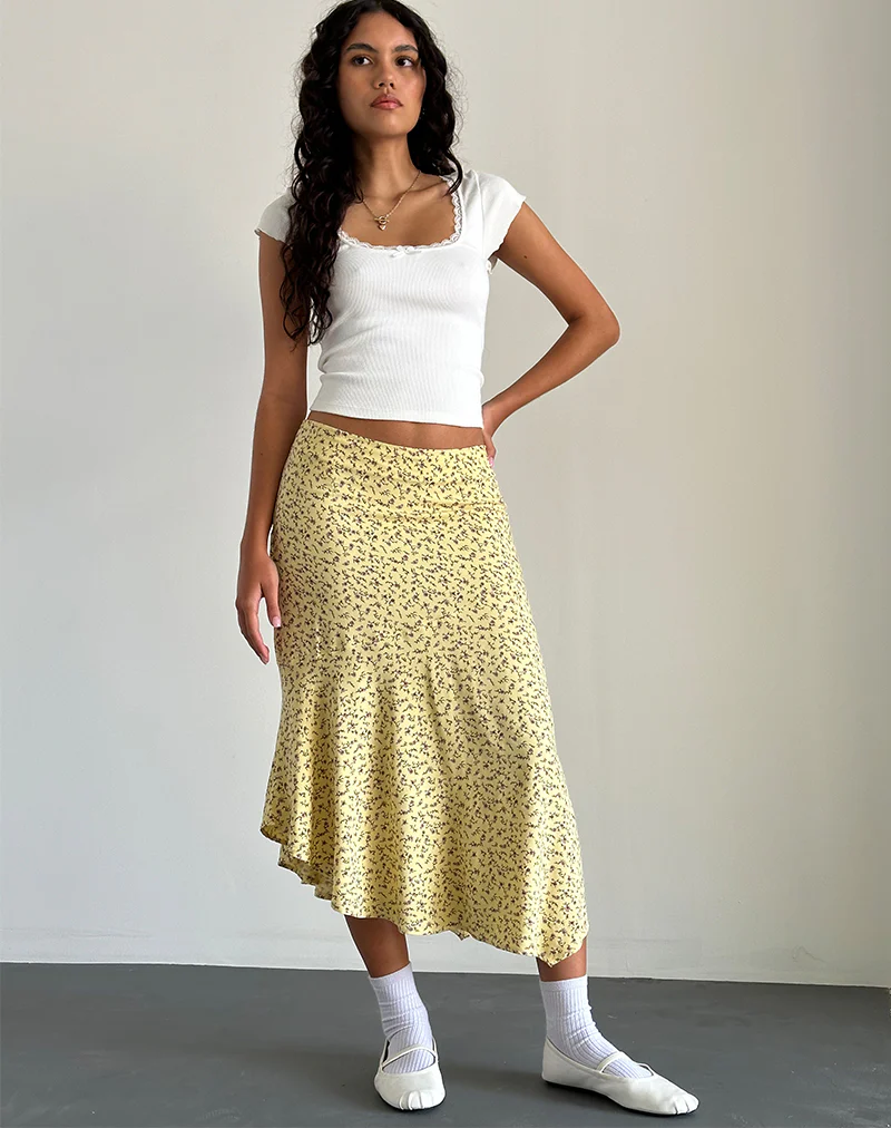 Rans Waterfall Hem Midi Skirt in Flowing Flower Yellow - Image 2