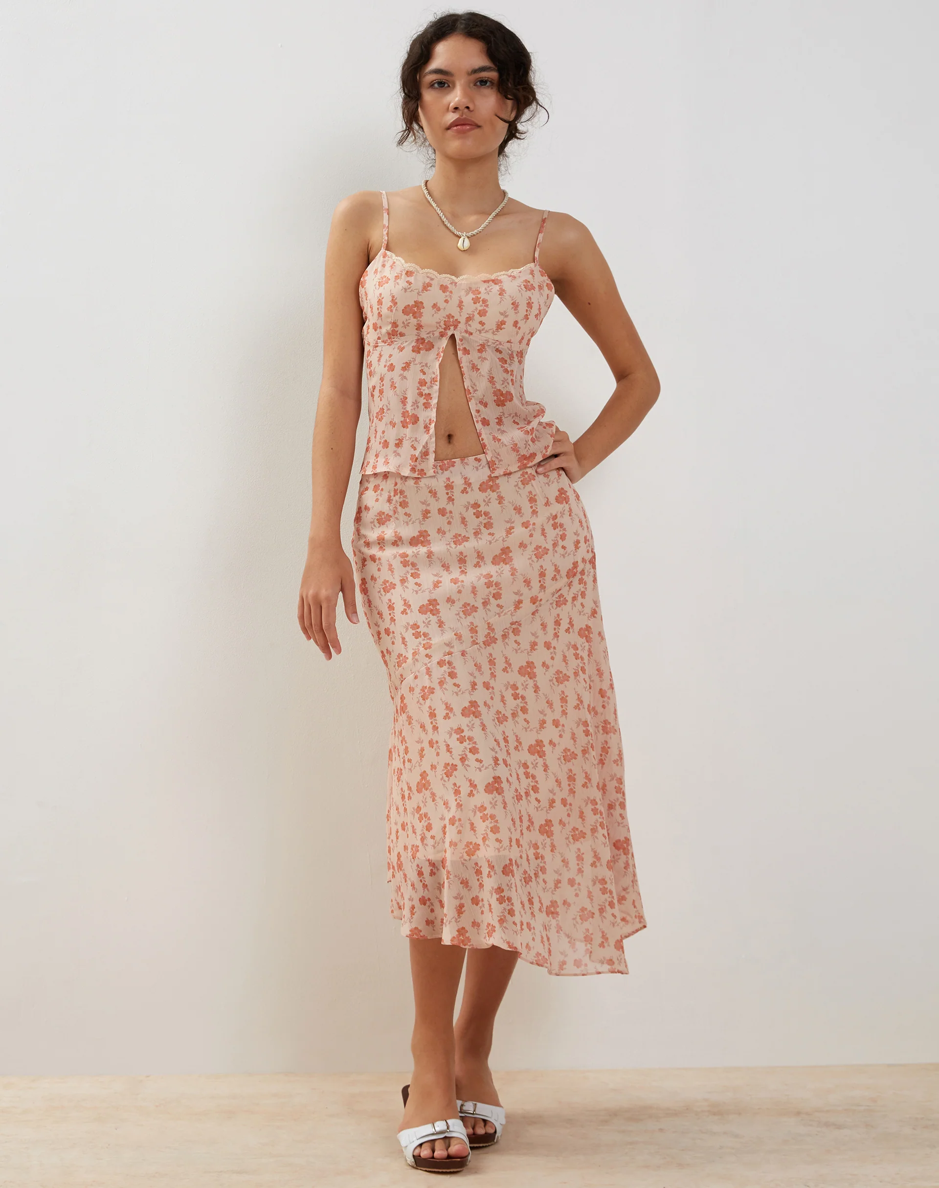 Rans Waterfall Hem Chiffon Midi Skirt in Peach Cherry Blossom - Image 2
