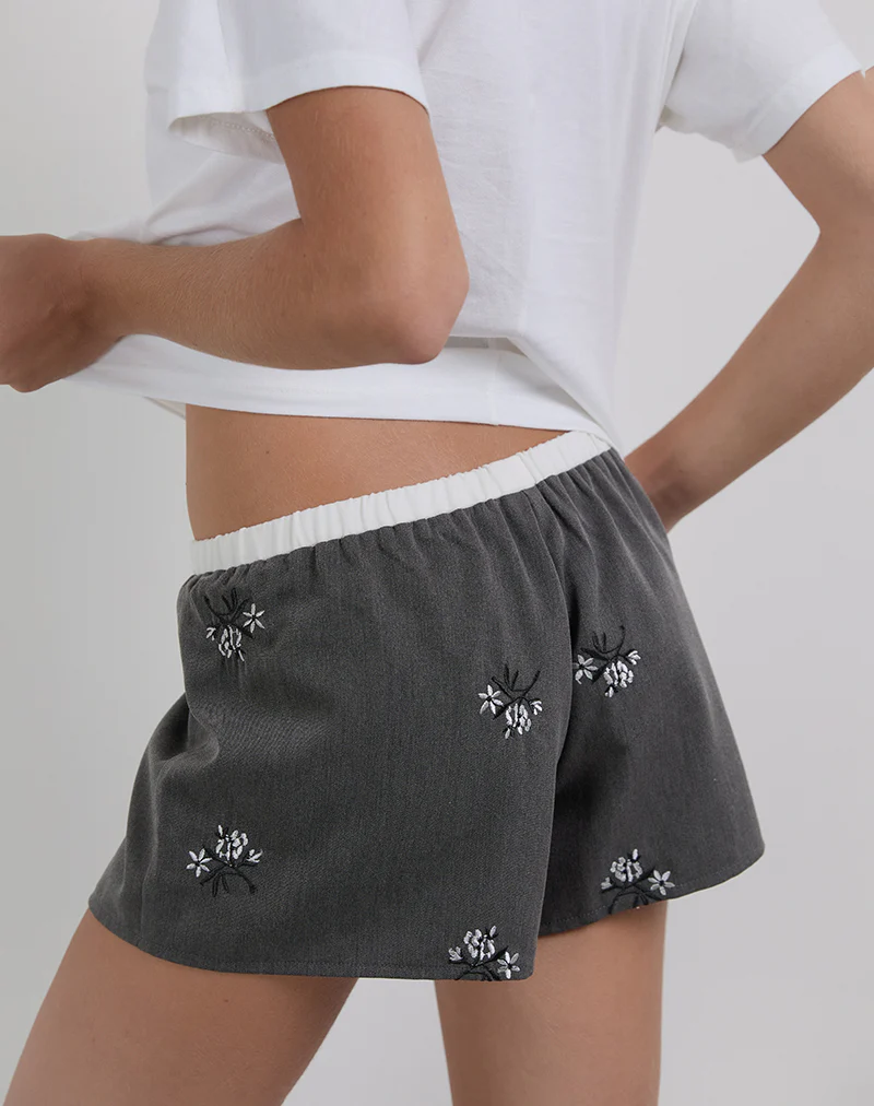 Rata Shorts in Floral Embroidered Charcoal - Image 5