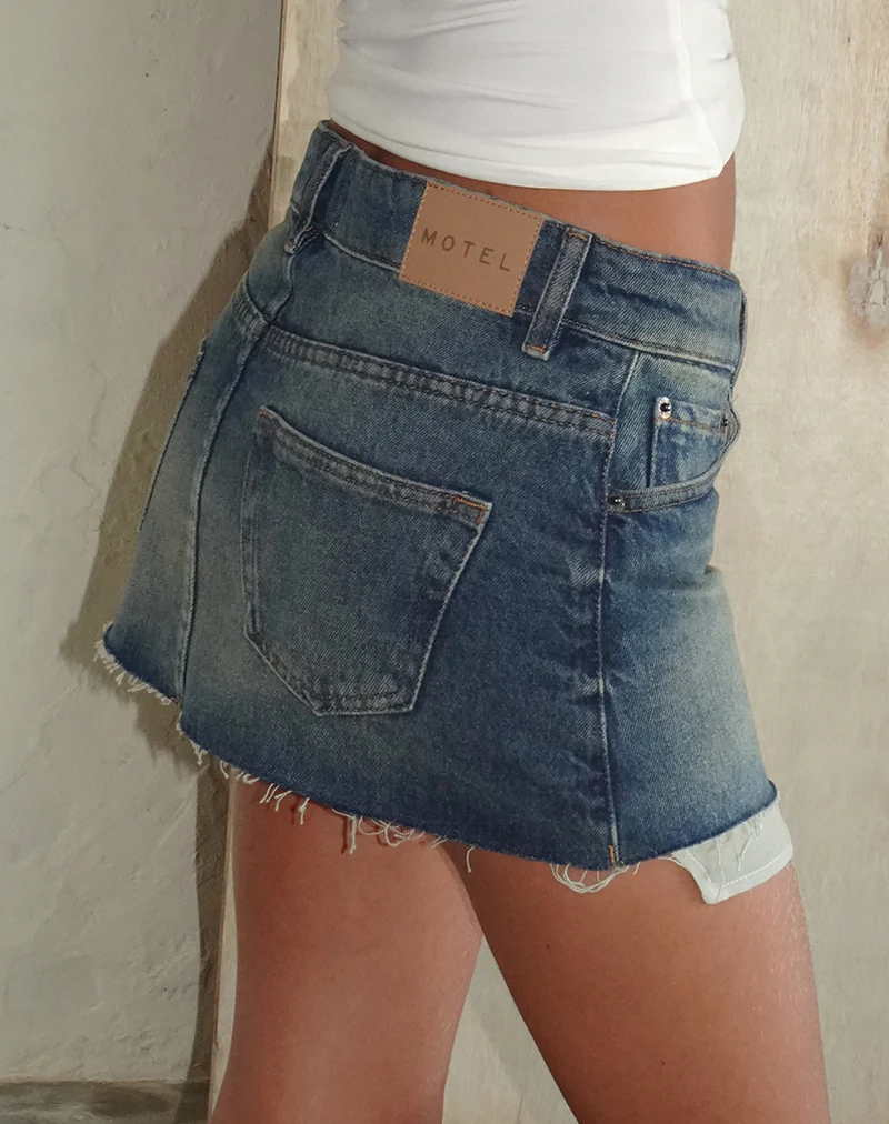 Raw Hem Mini Skirt in Steel Blue with Pockets - Image 2