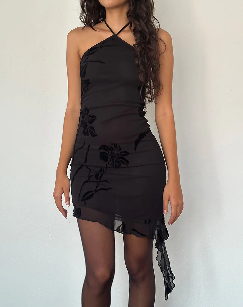 Redi Mini Halterneck Dress in Orchids Flock Black - Image 2