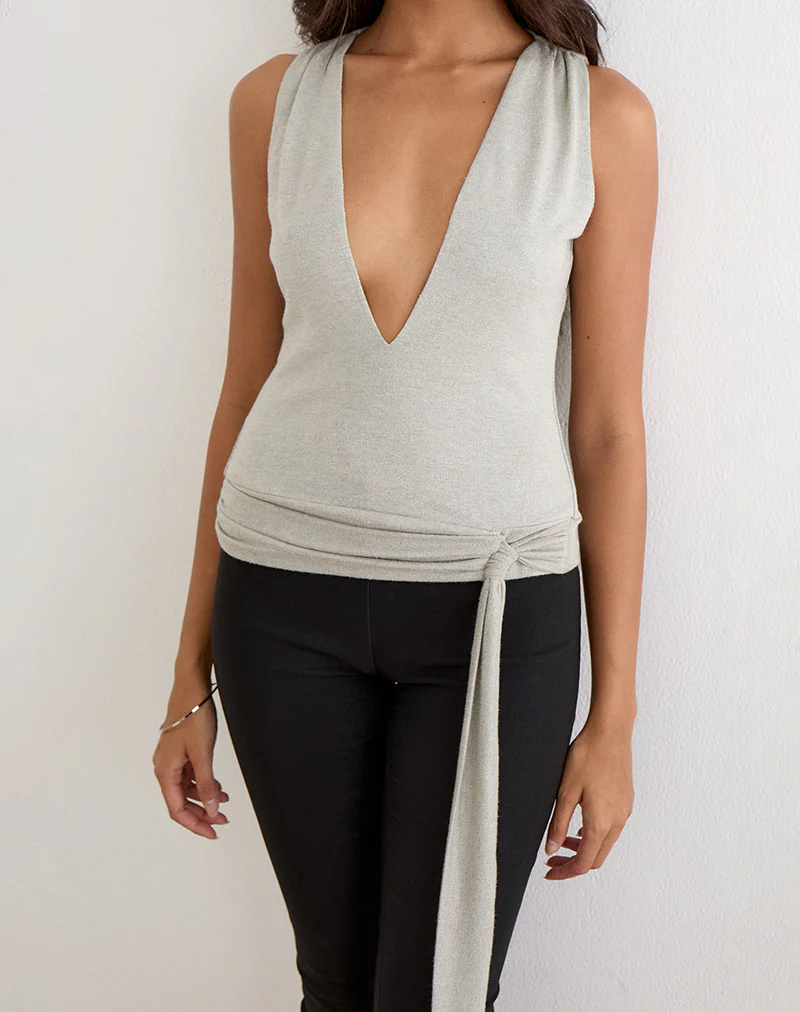 Regina Top in Shimmer Knit Light Grey - Image 4
