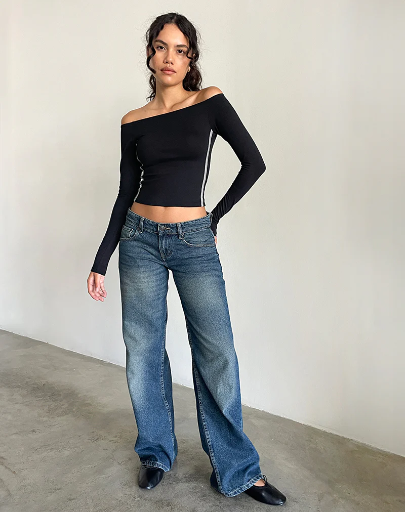 Reiba Long Sleeve Top in Black with Grey Binding - Image 3