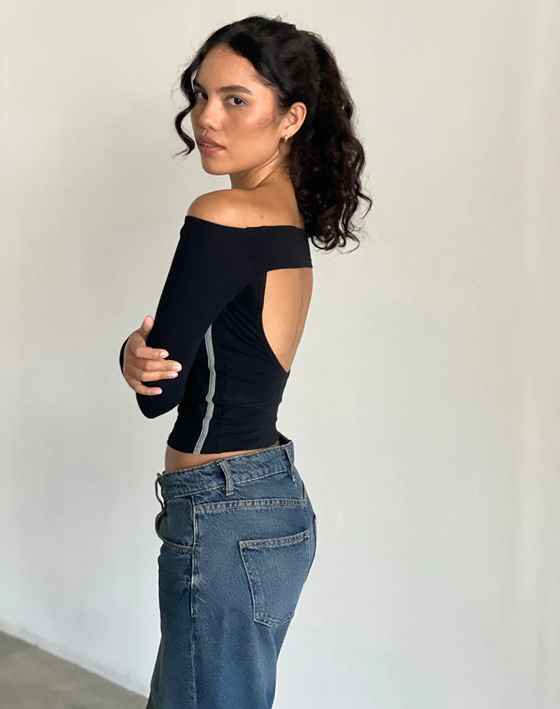 Reiba Long Sleeve Top in Black with Grey Binding - Image 5
