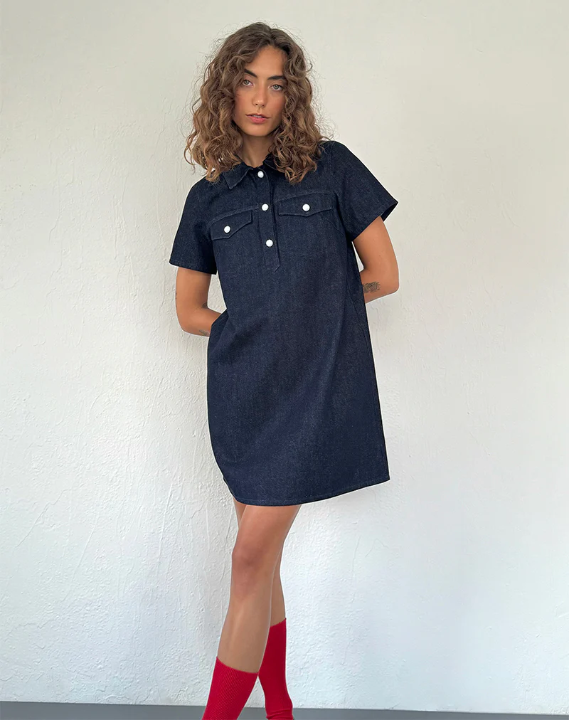 Reiga Smock Mini Dress in Denim Indigo - Image 3