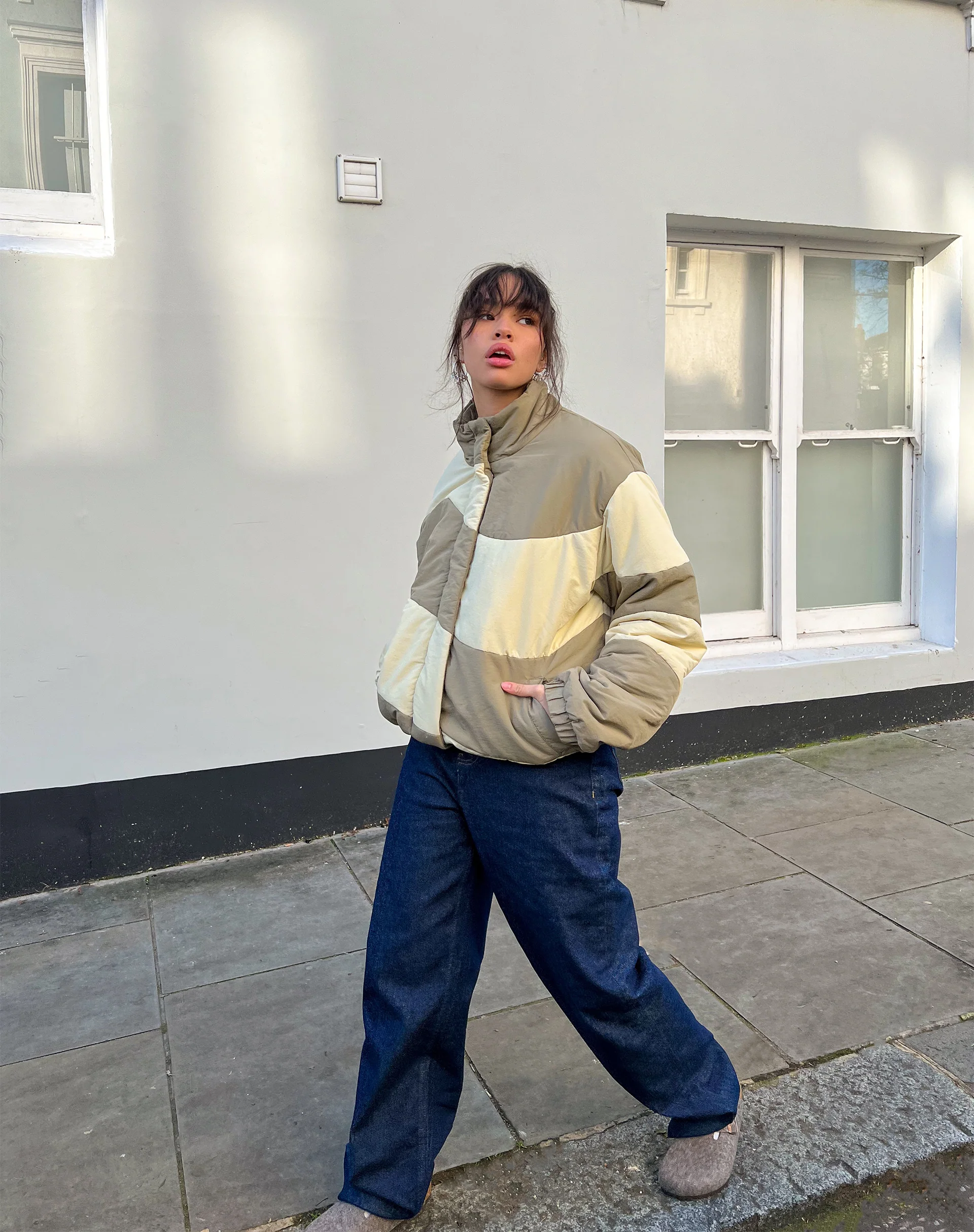 Renee Puffa Jacket in Panelled Cream and Taupe - Image 2