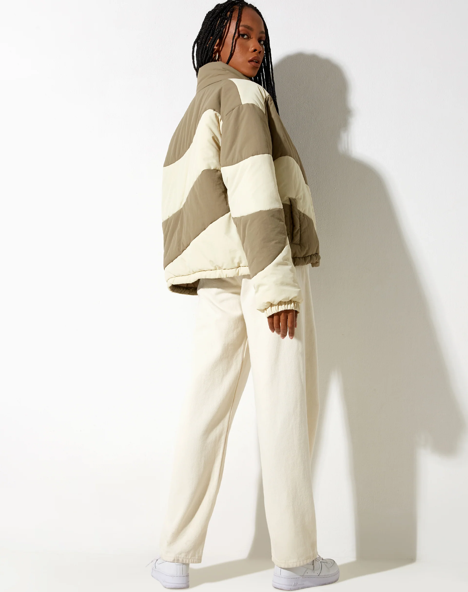 Renee Puffa Jacket in Panelled Cream and Taupe - Image 6