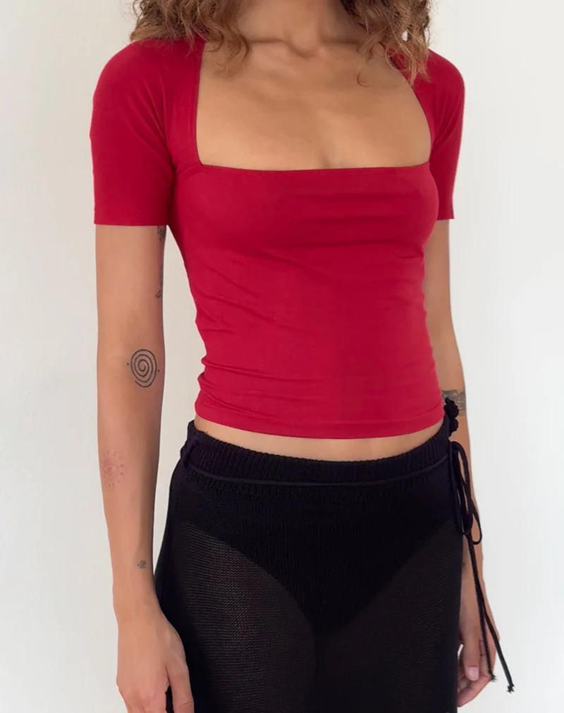 Requa Short Sleeve Square Neck Top in Adrenaline Red - Image 5