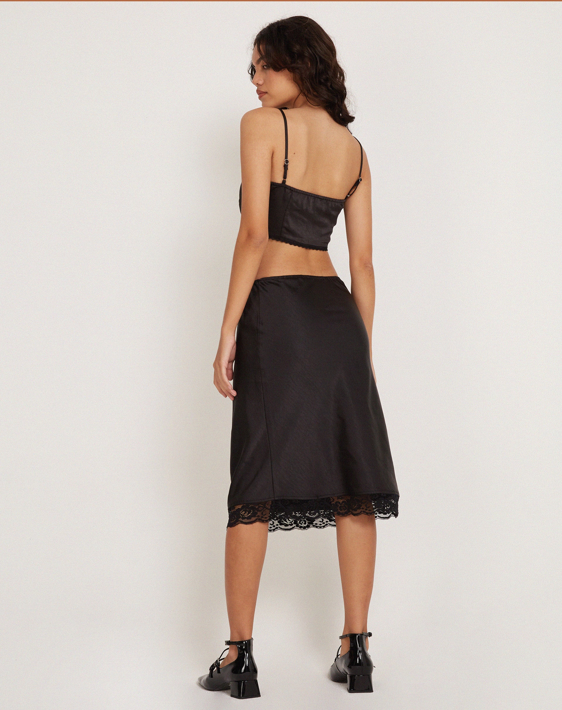 Resira Midi Skirt in Satin Pearled Black with Lace - Image 2