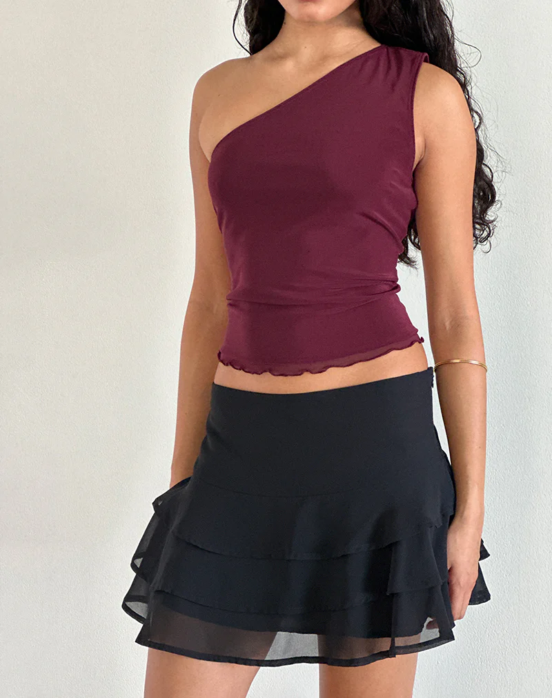 Rhian One Shoulder Top in Mesh Maroon - Image 3