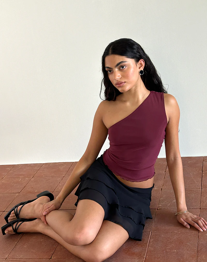 Rhian One Shoulder Top in Mesh Maroon - Image 5