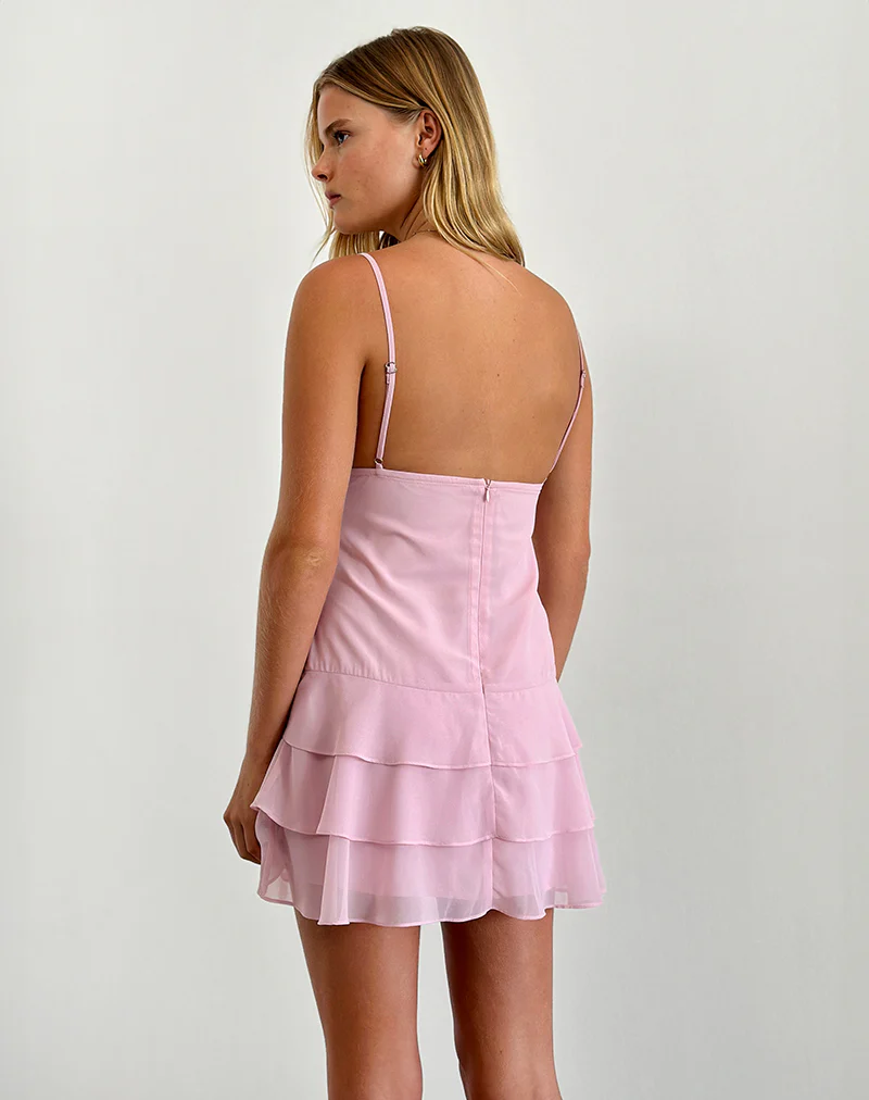 Riasi Ruffle Mini Dress in Chiffon Baby Pink - Image 3