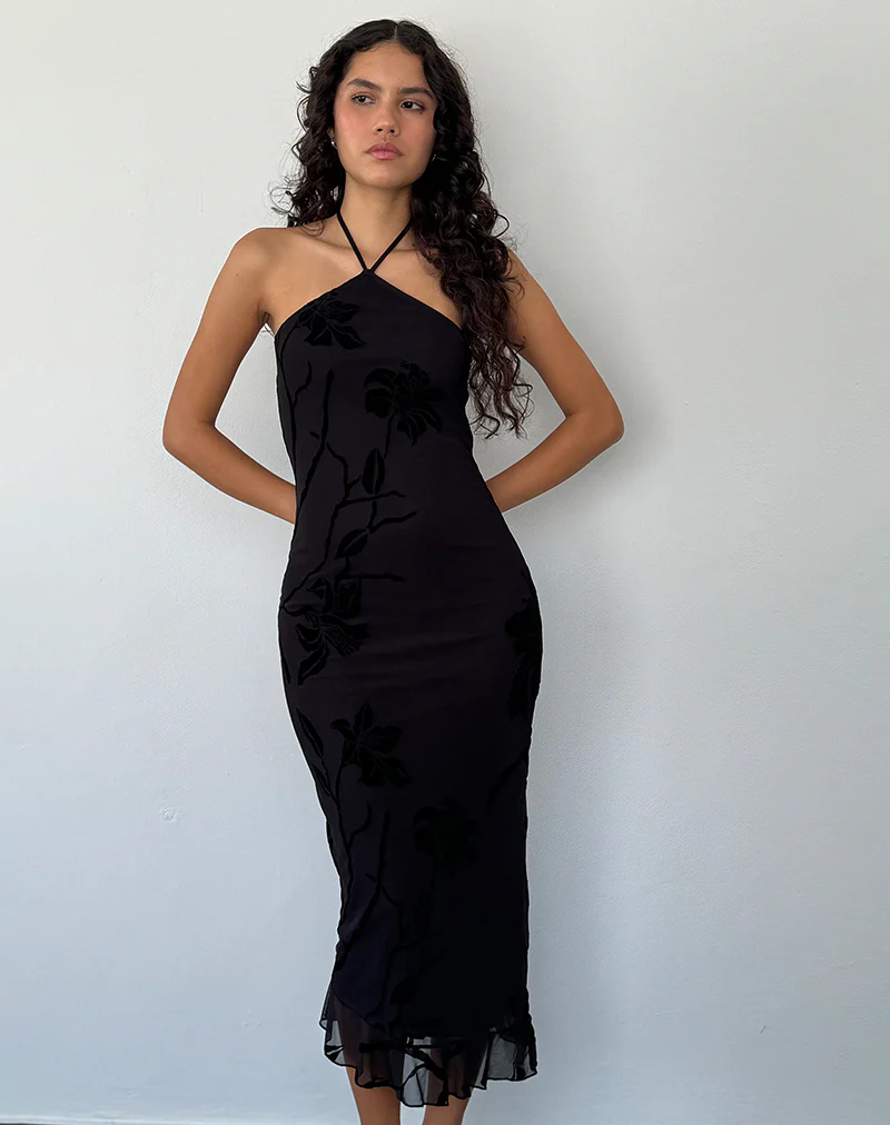 Ribka Halterneck Midi Dress in Orchids Flock Black - Image 3