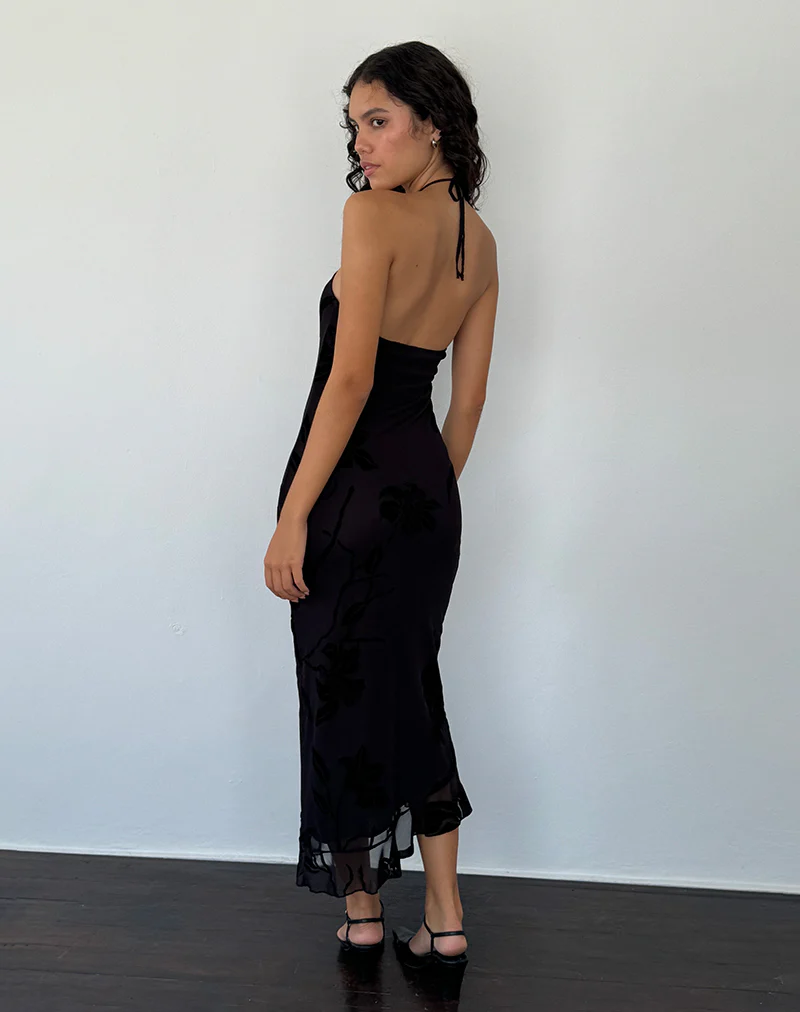 Ribka Halterneck Midi Dress in Orchids Flock Black - Image 4