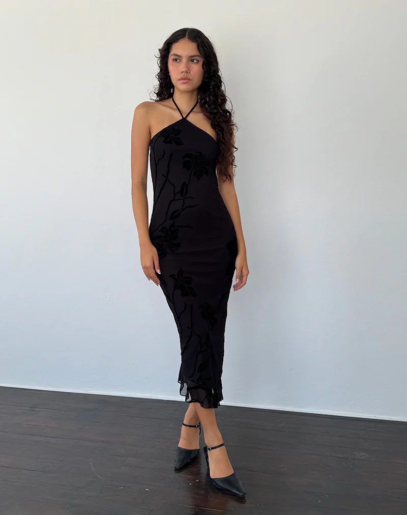 Ribka Halterneck Midi Dress in Orchids Flock Black - Image 5