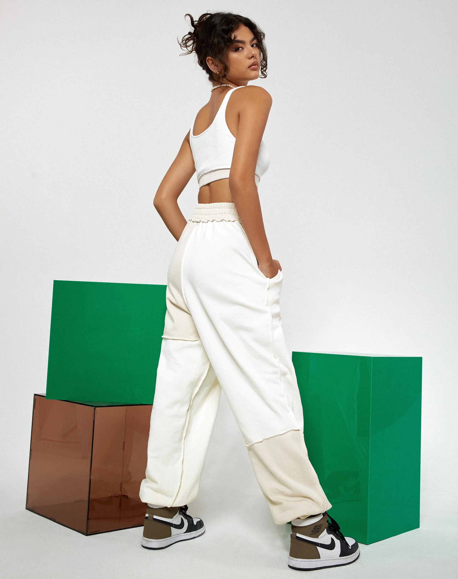Ricci Crop Top in Panelled Ivory and Winter White - Image 3