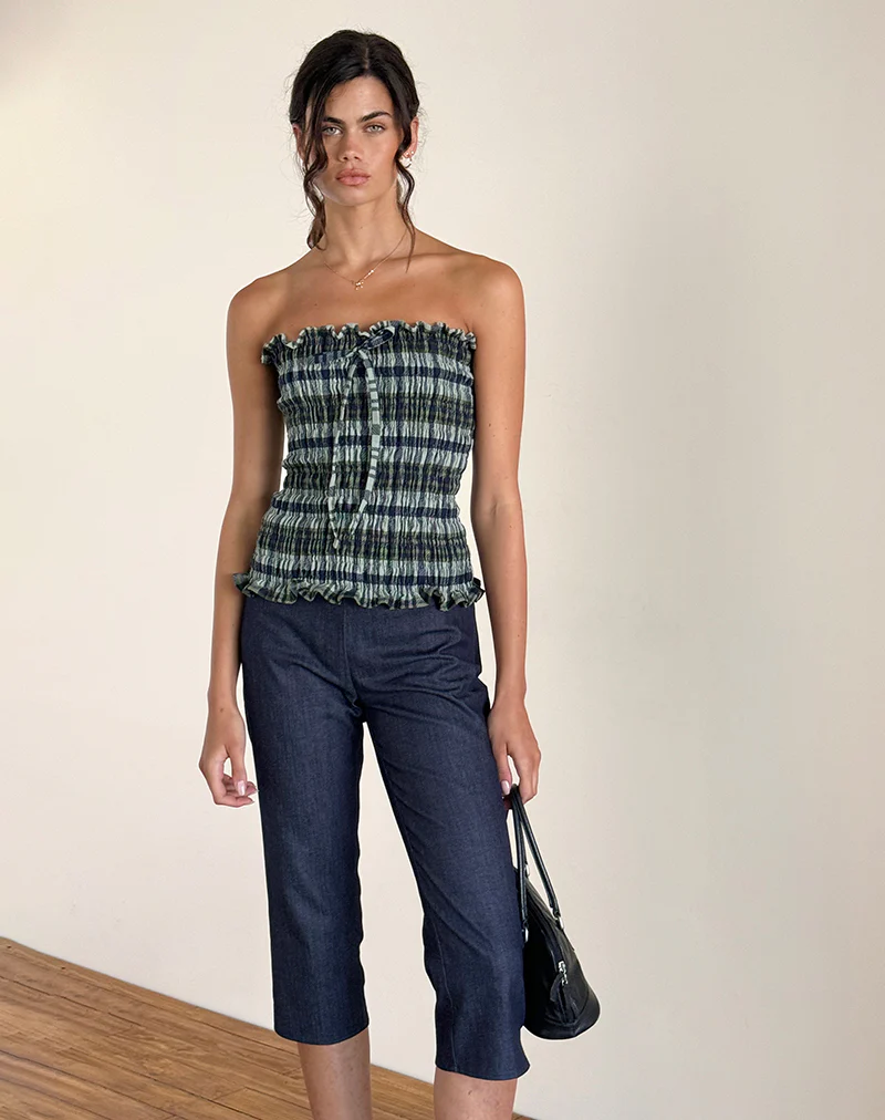 Rigia Bandeau Top in Linen Mono Check Green - Image 2