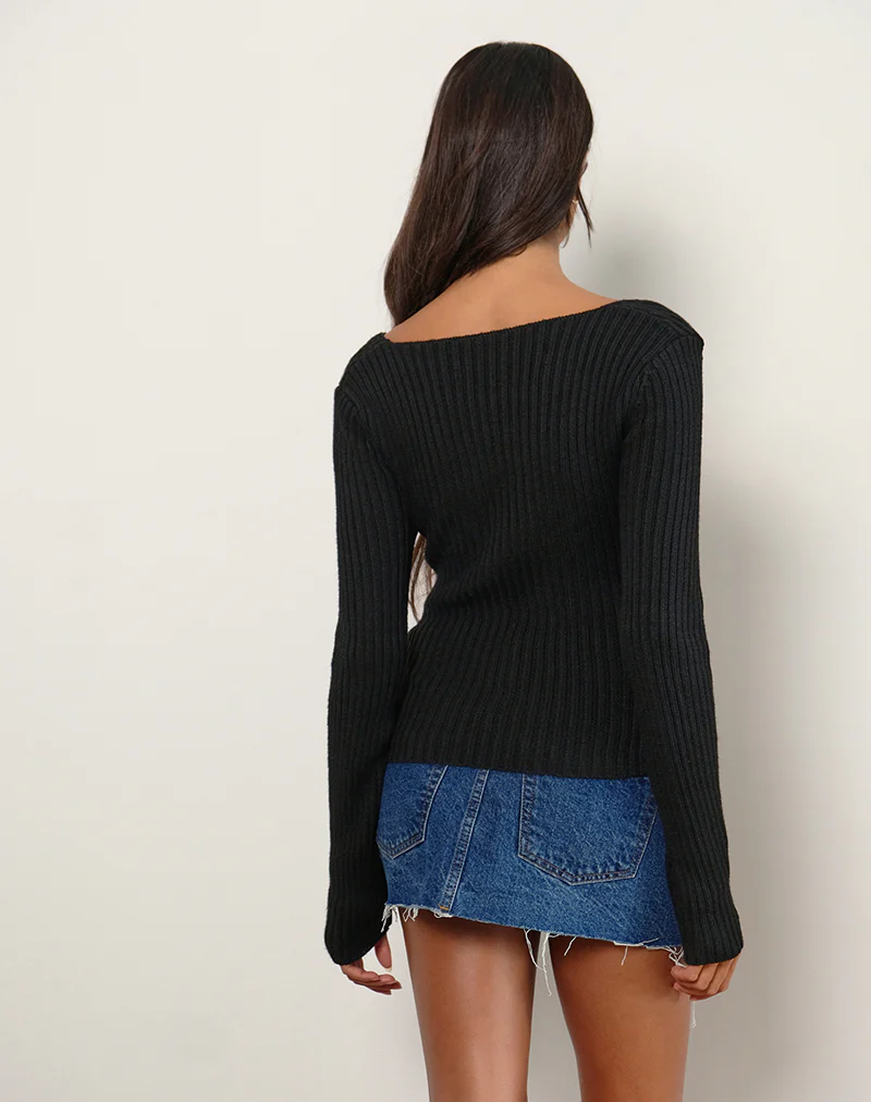 Rinca Bardot Jumper in Rib Knit Black - Image 4