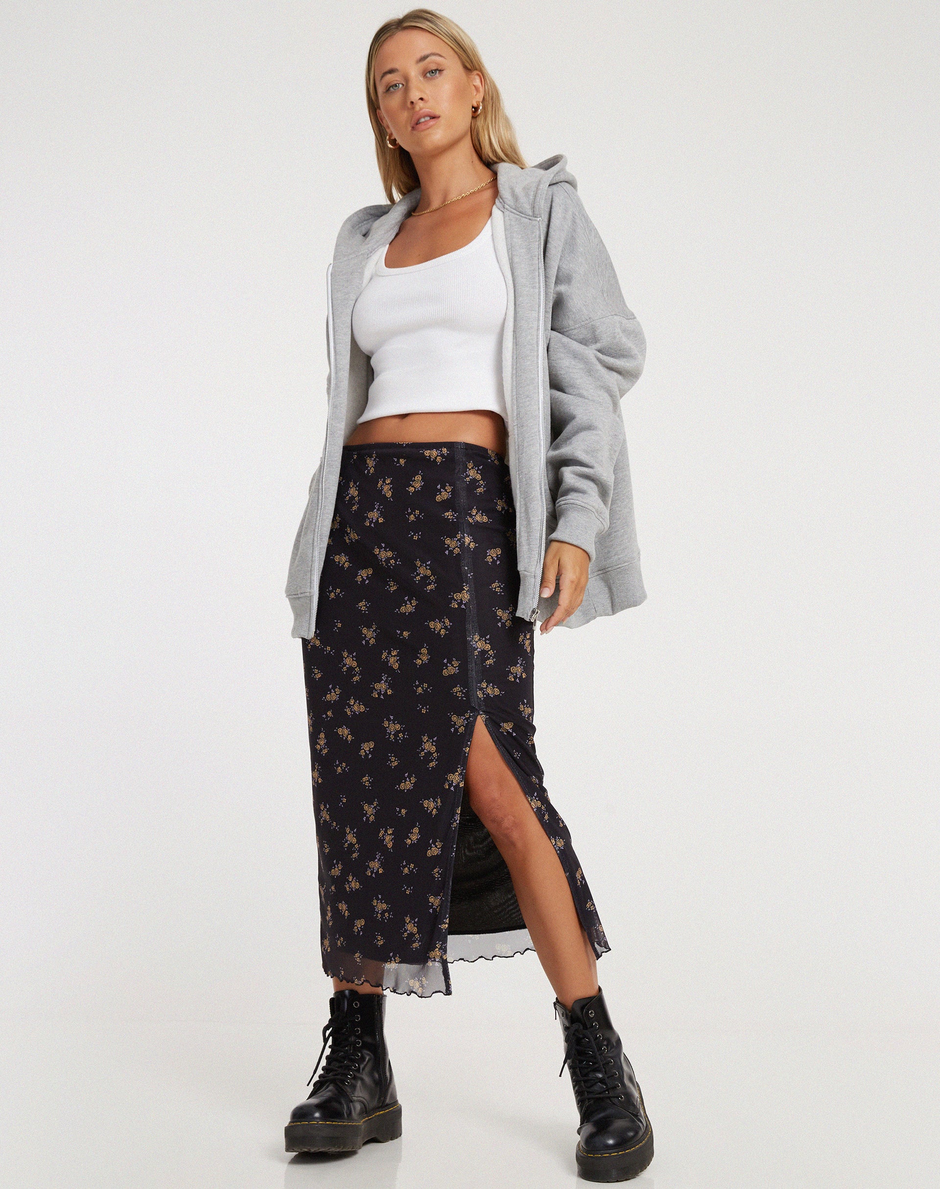 Rindai Midi Skirt in Femme Floral Black and Gold - Image 2