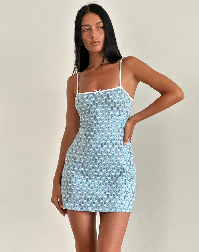 Riniko Mini Dress in Powder Blue XO Heart Print with White Binding - Image 3