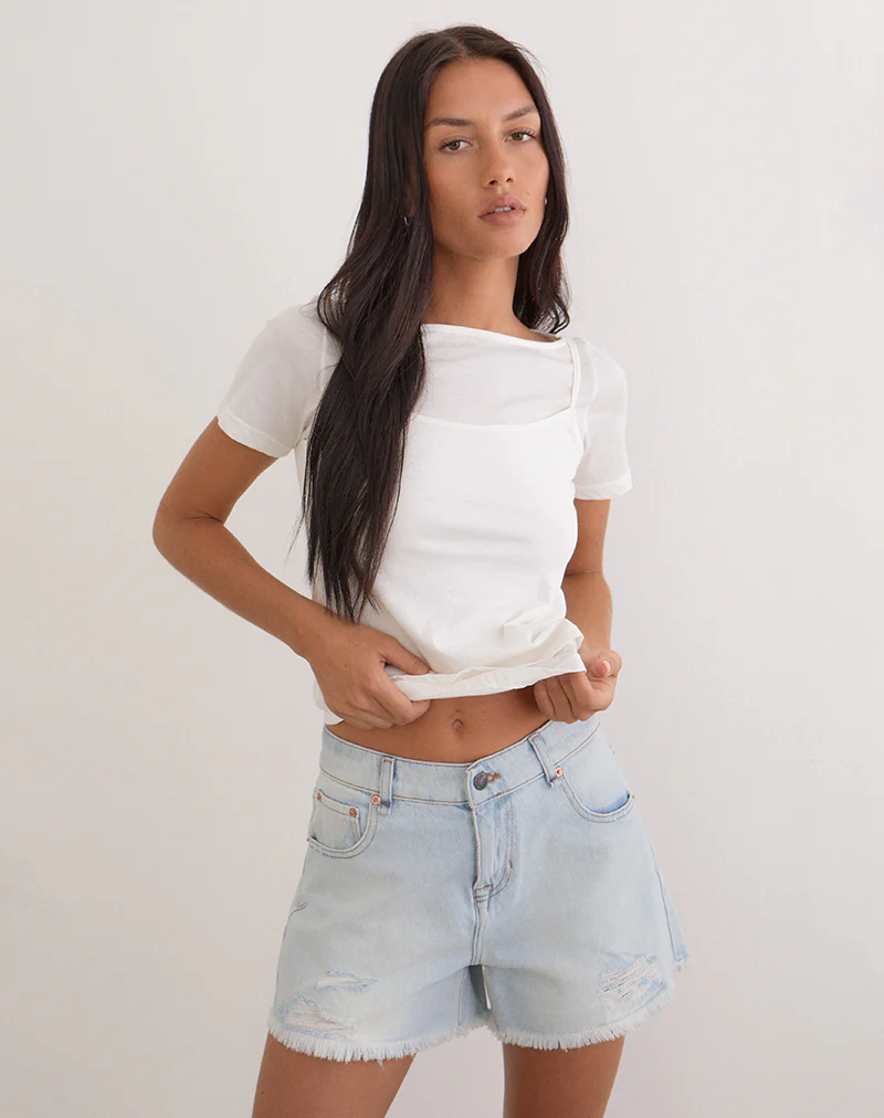 Ripped Baggy Denim Short in Icy Blue