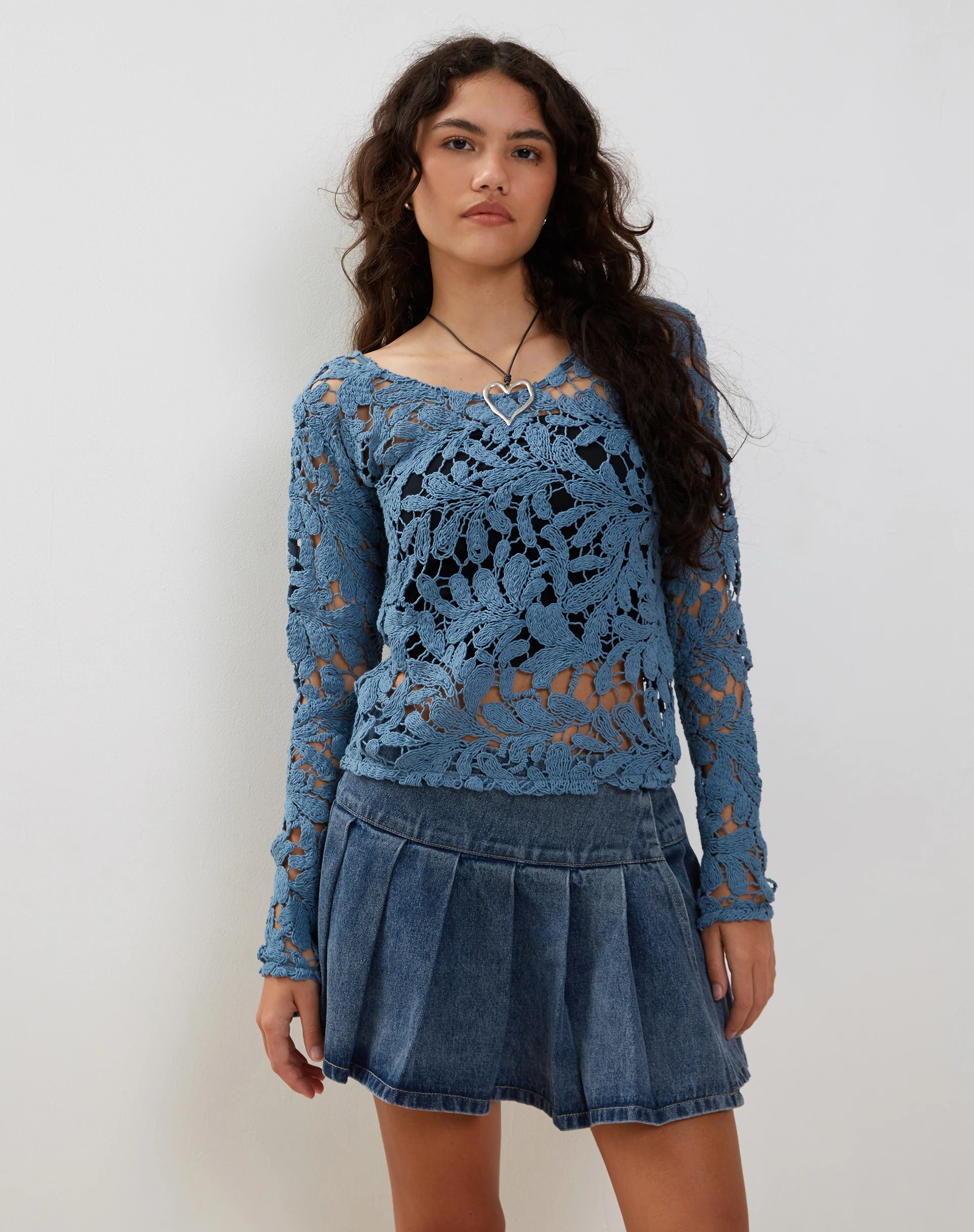 Ripu Floral Crochet Long Sleeve Top in Midnight Blue - Image 3