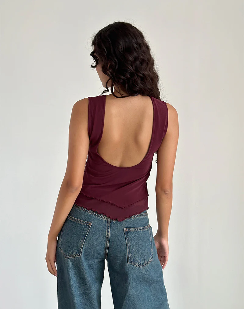 Rochie Asymmetric Top in Mesh Maroon - Image 3