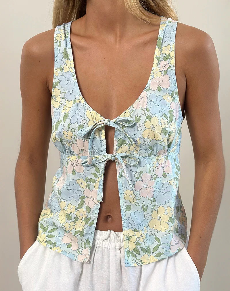 Rodite Tie Front Top in Washed Out Pastel Floral - Image 2