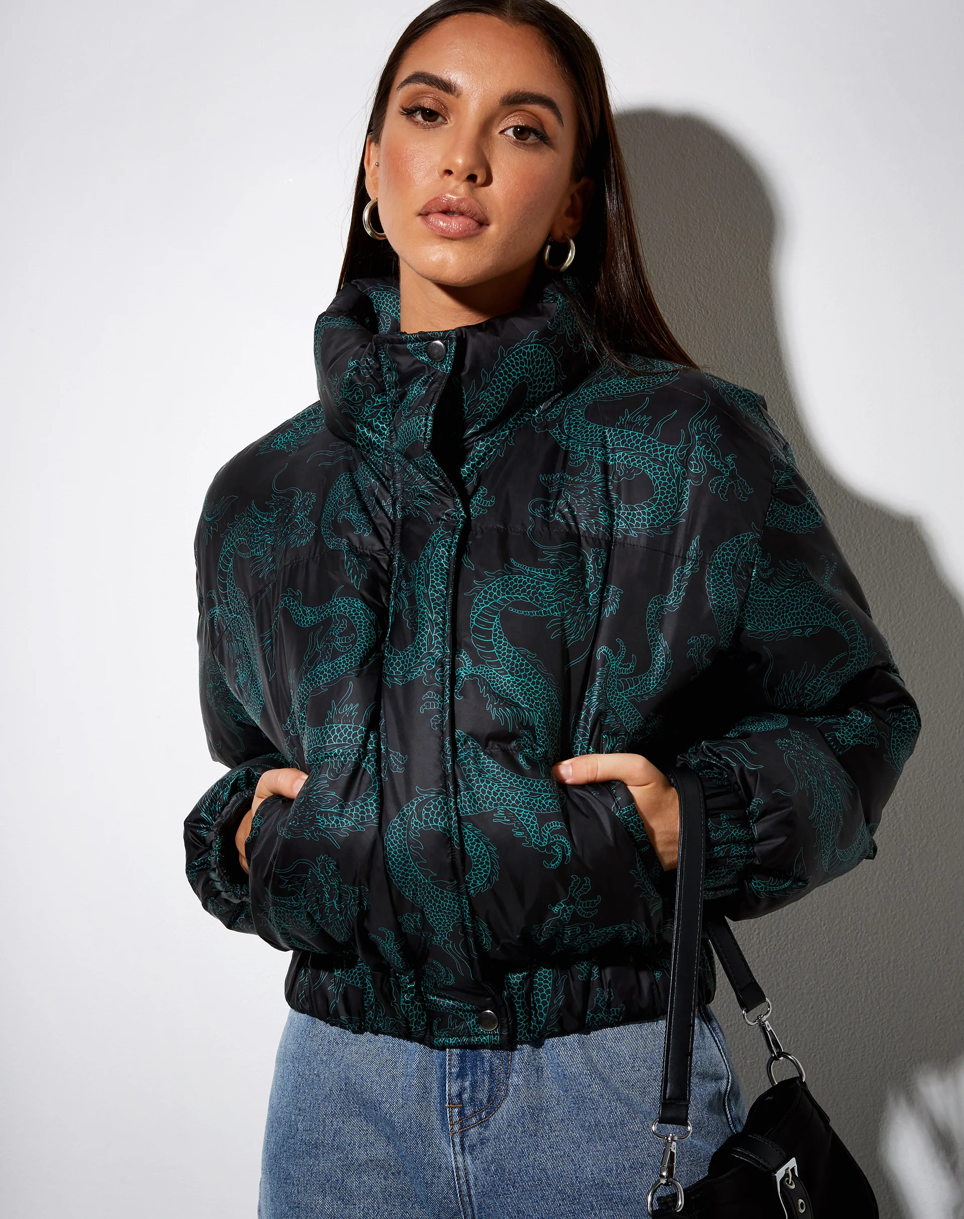 Rohos Puffer Jacket in Dragon Flower Black and Mint - Image 3