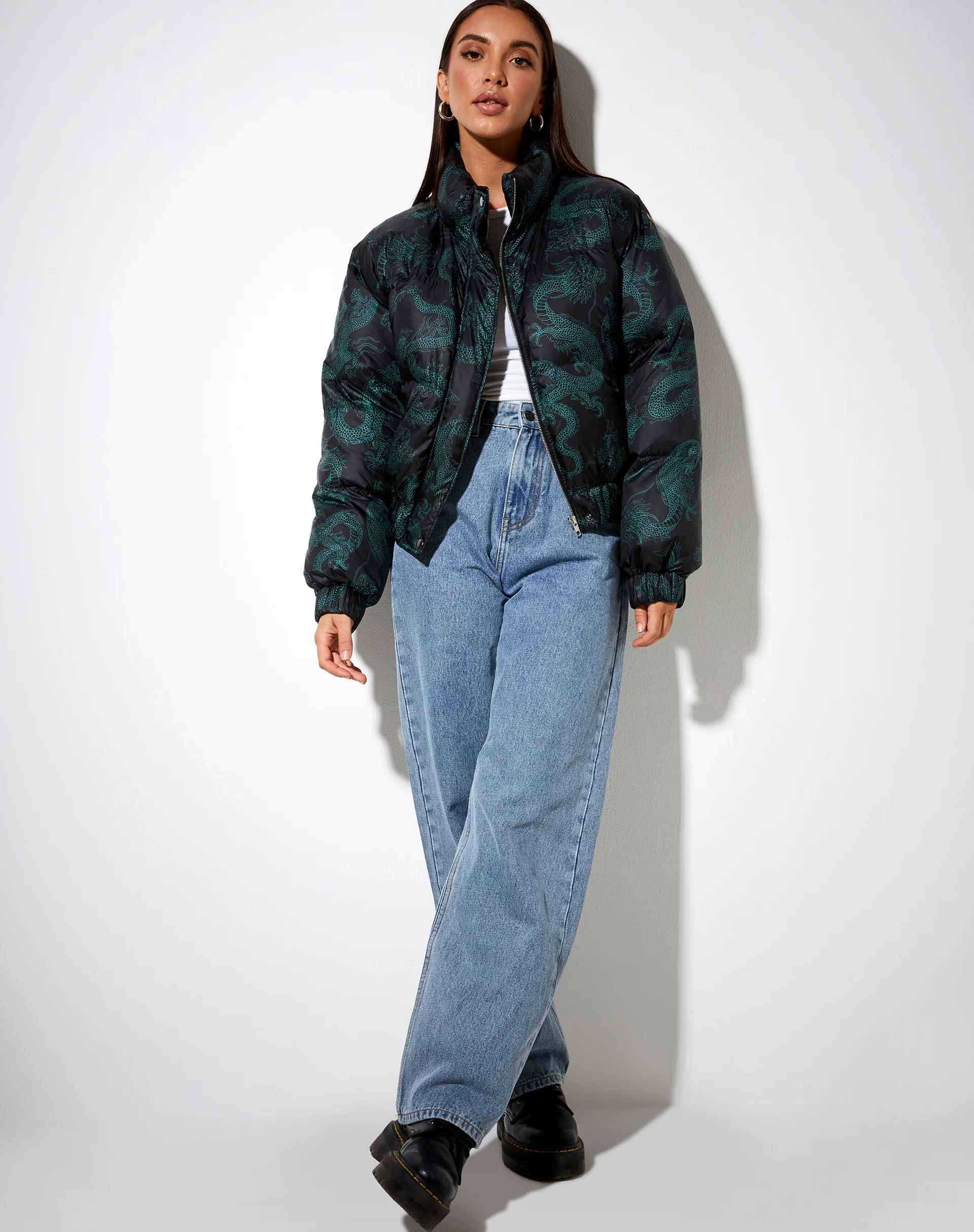 Rohos Puffer Jacket in Dragon Flower Black and Mint - Image 4