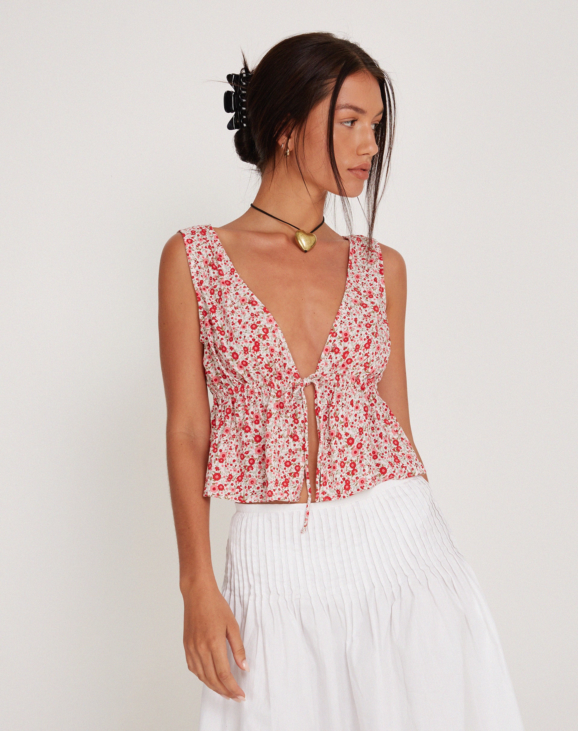 Rolia Tie Front Top in Ditsy Floral Blush Red - Image 6