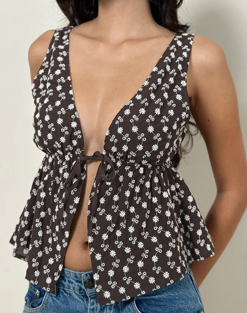 Rolia Tie Front Top in Floral Broderie Brown - Image 4