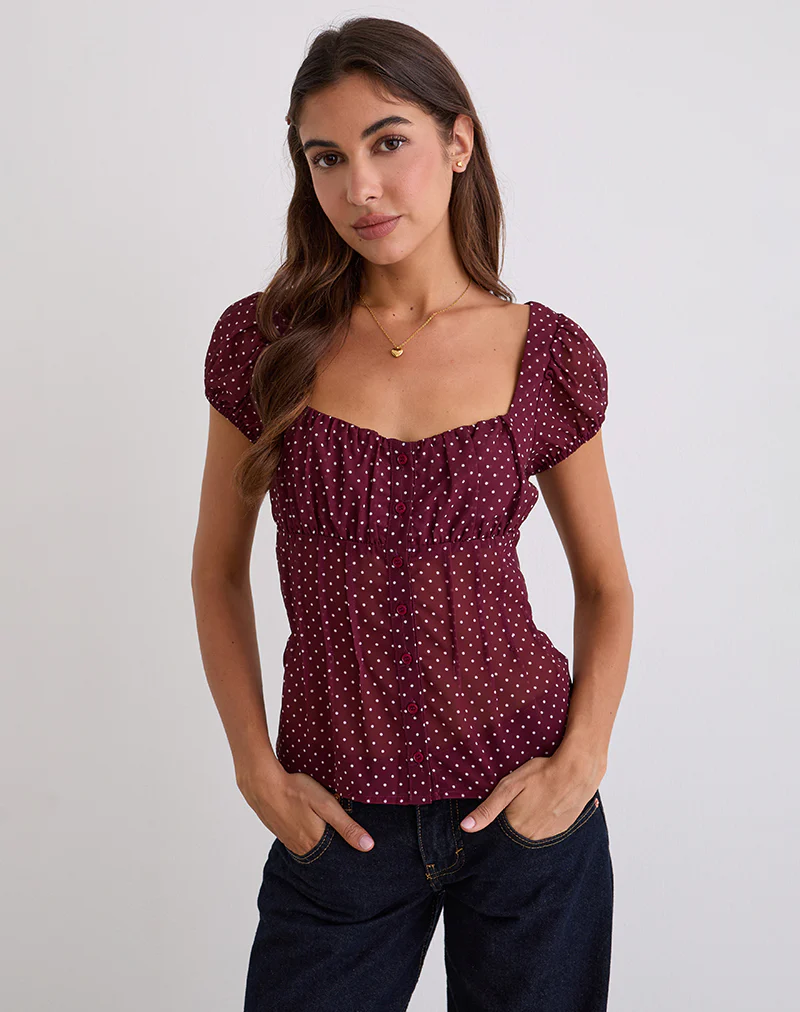 Rolina Blouse in Chiffon Mini Polka Burgundy - Image 2
