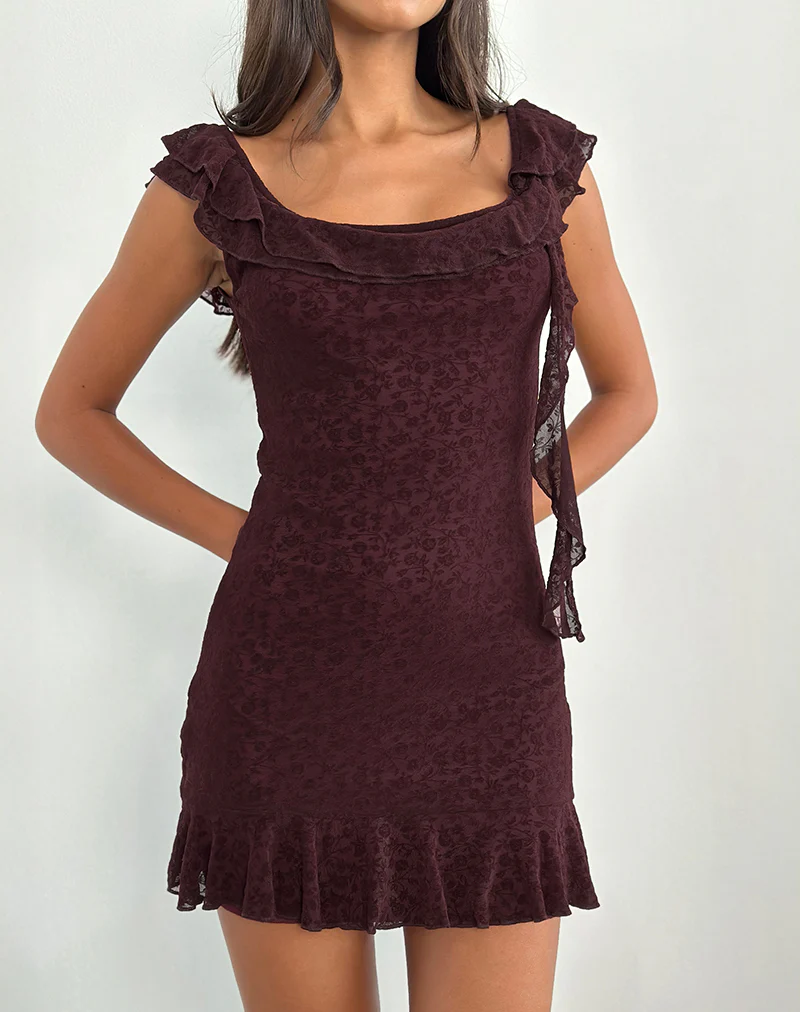 Rolita Mini Dress in Ditsy Flock Burnt Maroon - Image 2