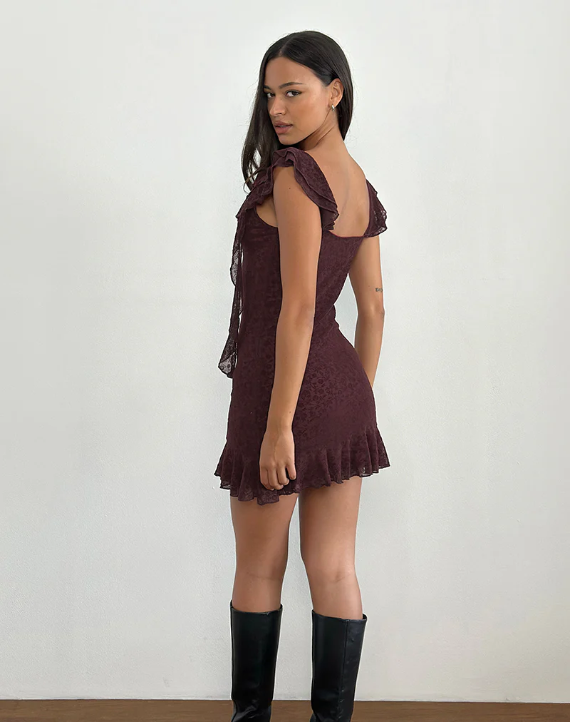 Rolita Mini Dress in Ditsy Flock Burnt Maroon - Image 3