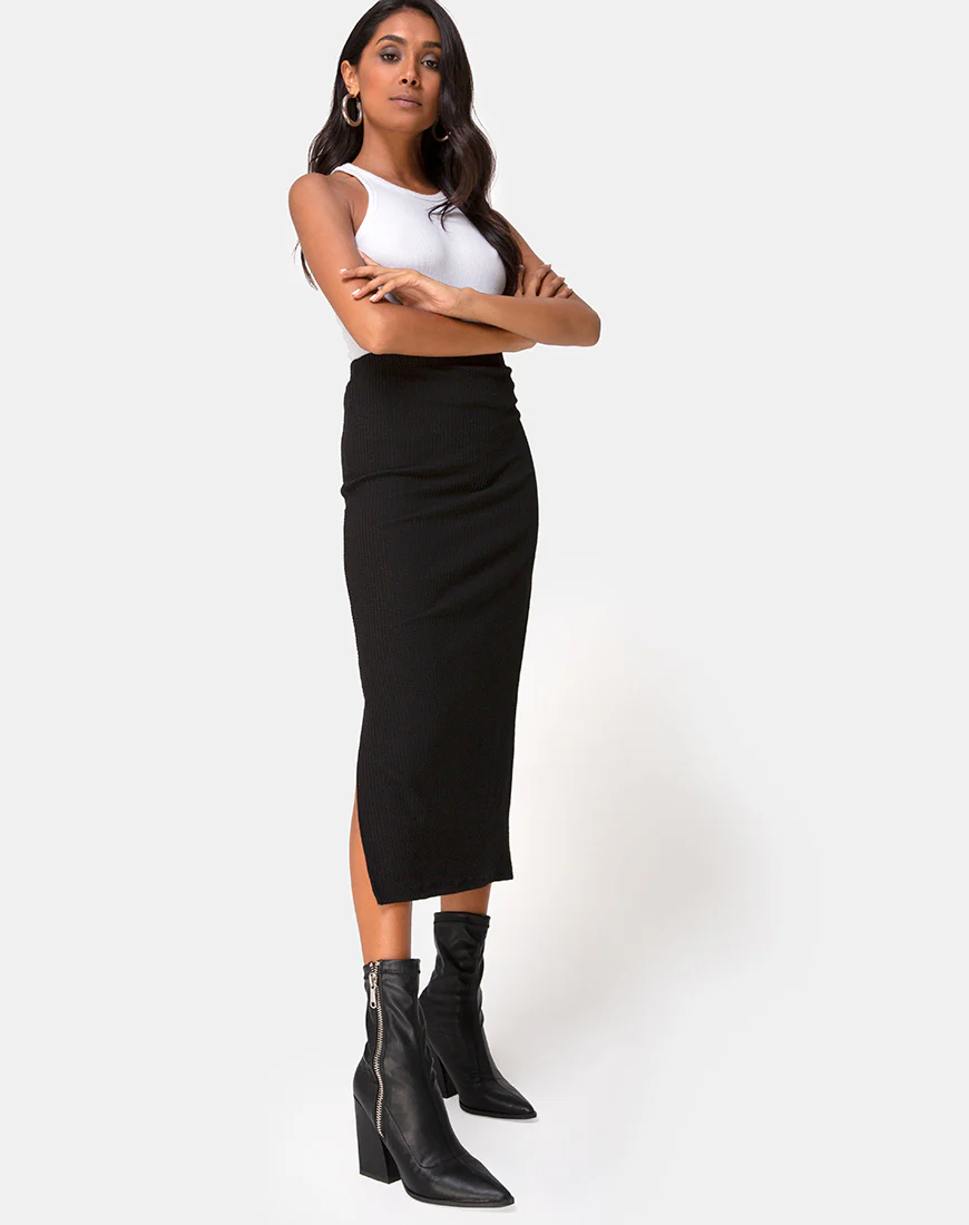 Rollie Midi Skirt in Jumbo Rib Black - Image 3