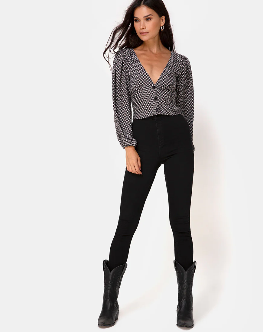 Roma Long Sleeve Top in Check It Out Black - Image 3