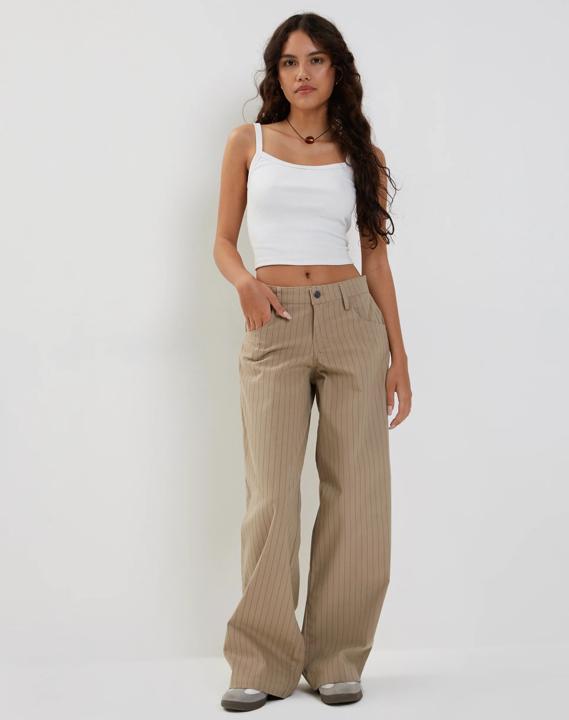 Roomy Low Rise Extra Wide Trousers in Pinstripe Stone - Image 2