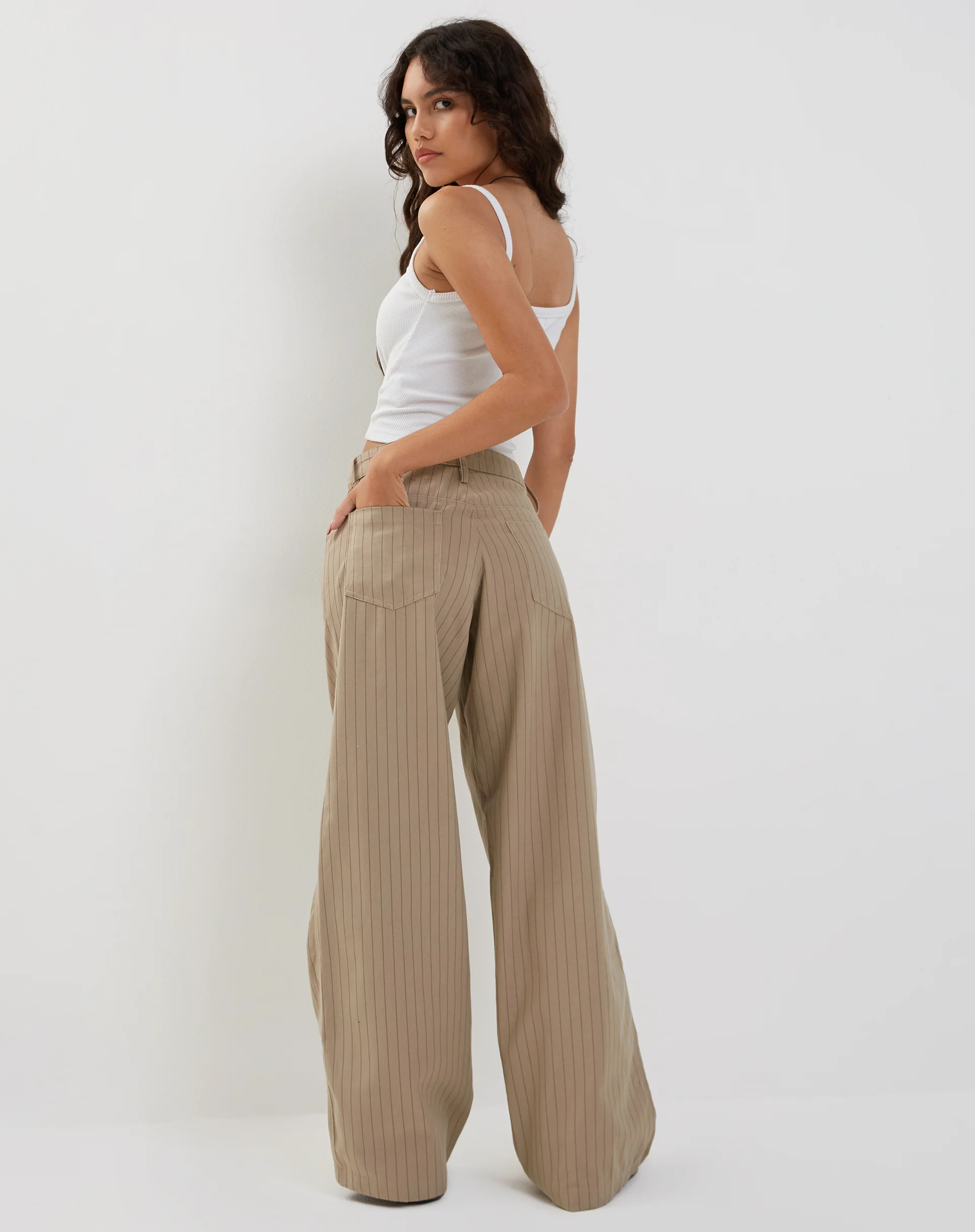Roomy Low Rise Extra Wide Trousers in Pinstripe Stone - Image 5