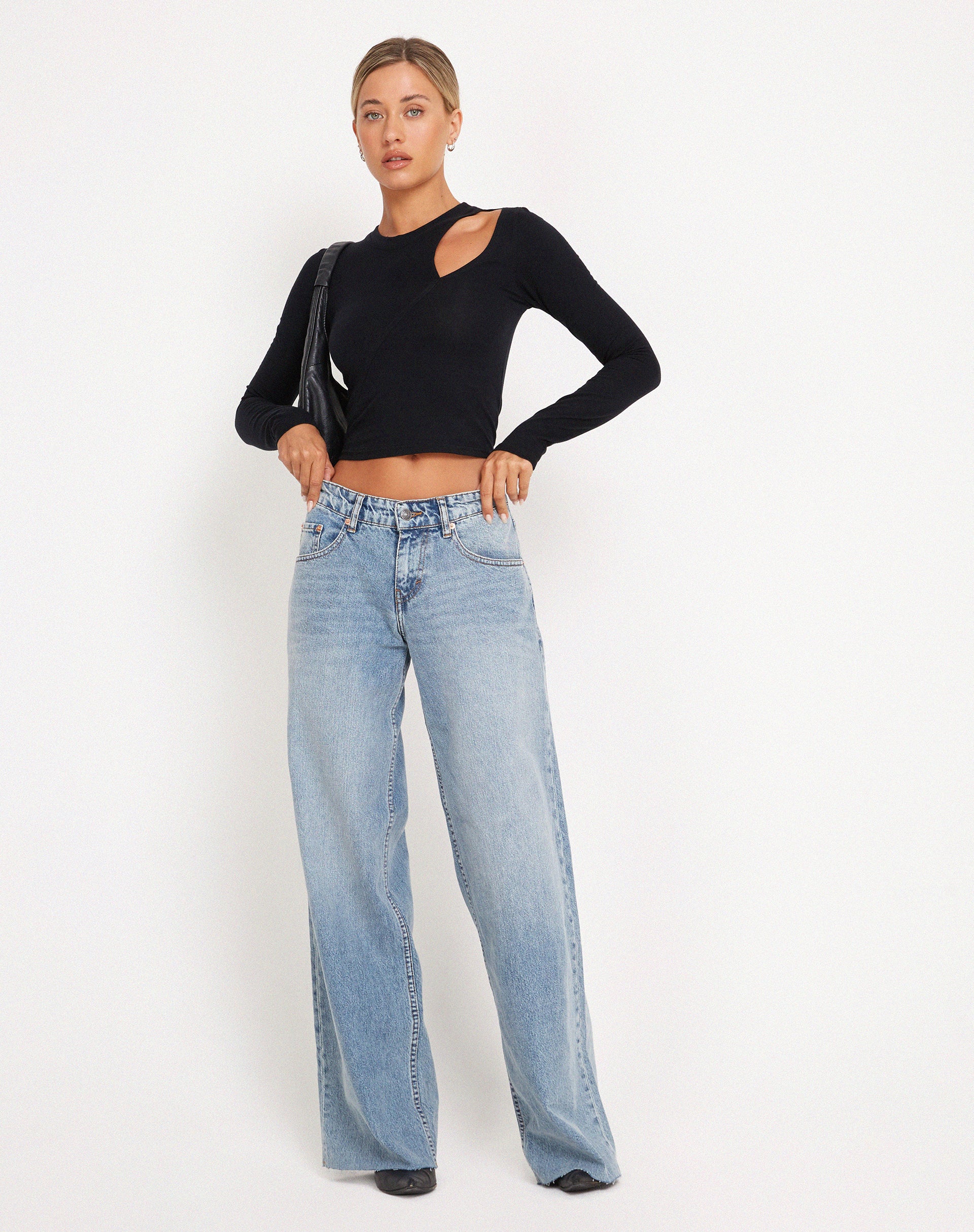 Roomy Extra Wide Raw Hem Low Rise Jeans in Vintage Blue Wash - Image 2