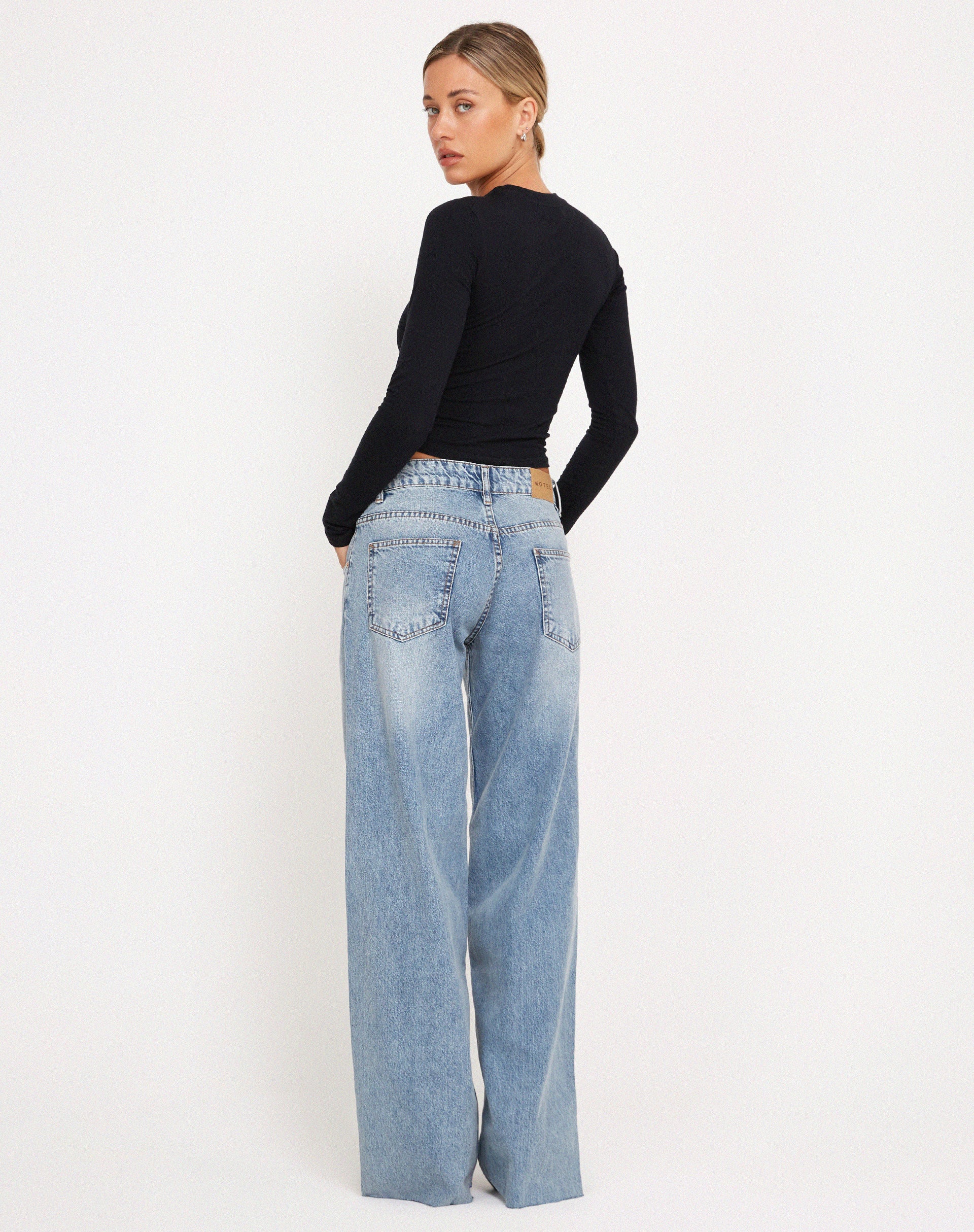 Roomy Extra Wide Raw Hem Low Rise Jeans in Vintage Blue Wash - Image 4