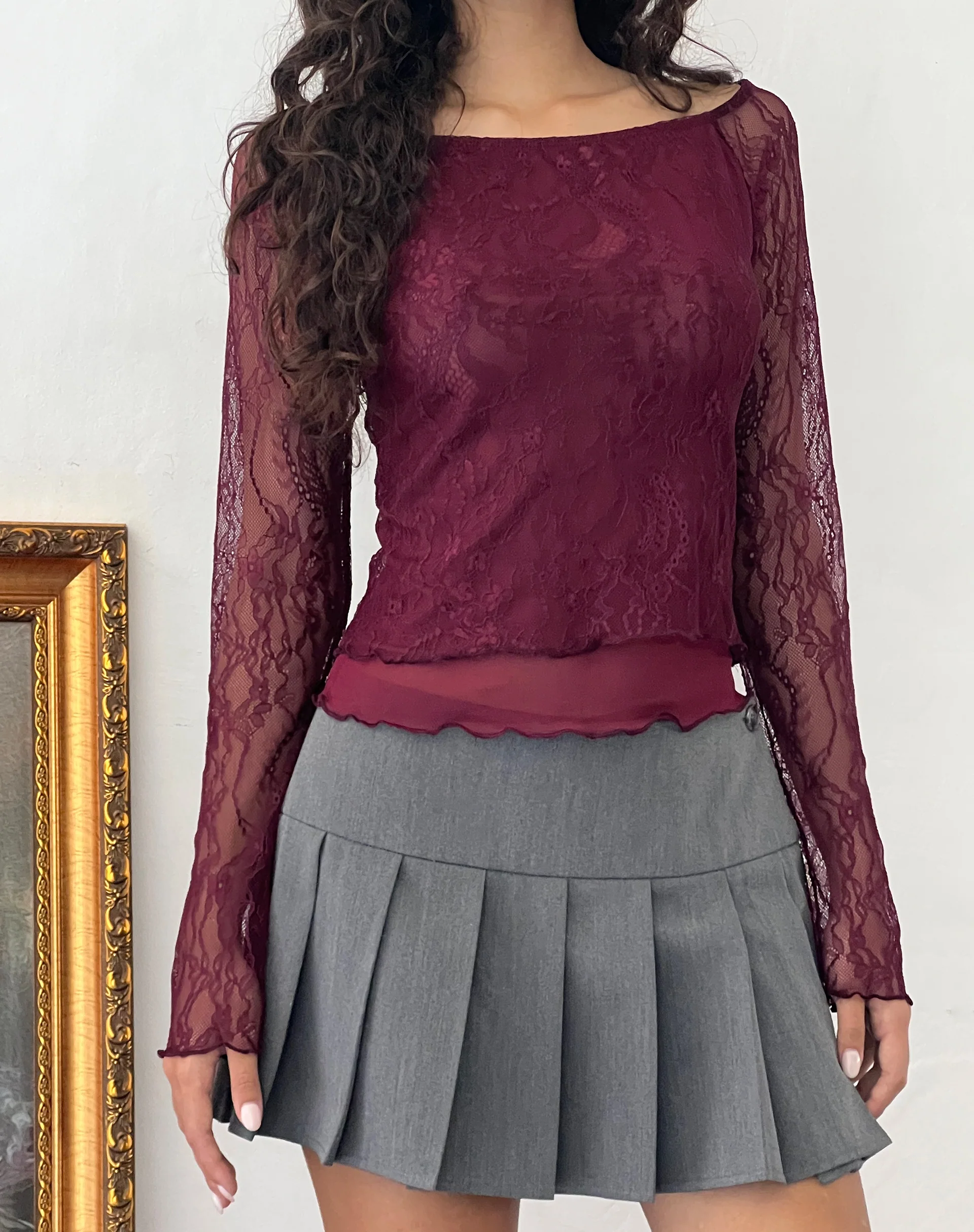Rory Long Sleeve Top in Lace Burgundy - Image 2