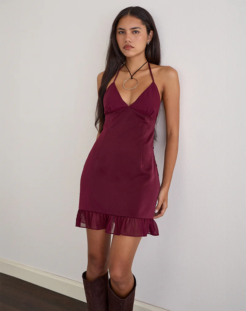 Rosali Mini Dress in Satin Chiffon Burgundy - Image 2